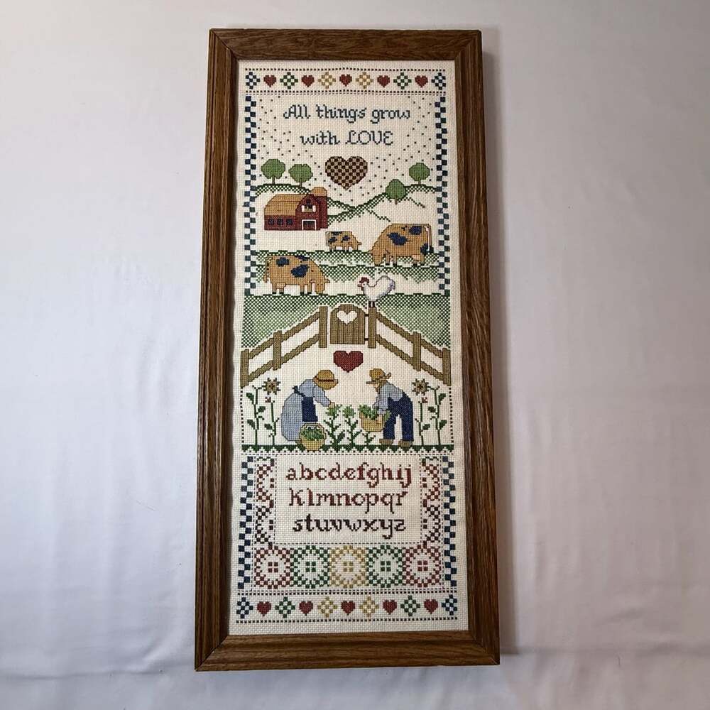 Vintage Paragon All Things Grow With Love Framed Counted Cross Stitch Sampler